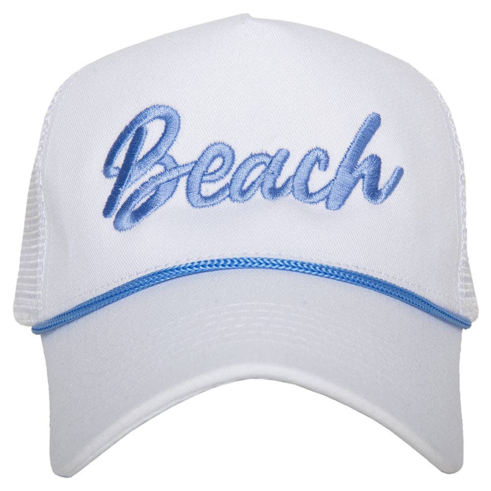 Beach Cursive Trucker Cap with Rope: White and Pink