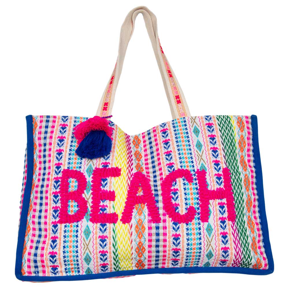 BEACH Tasseled Oversized Women's Tote Bag: Multicolored