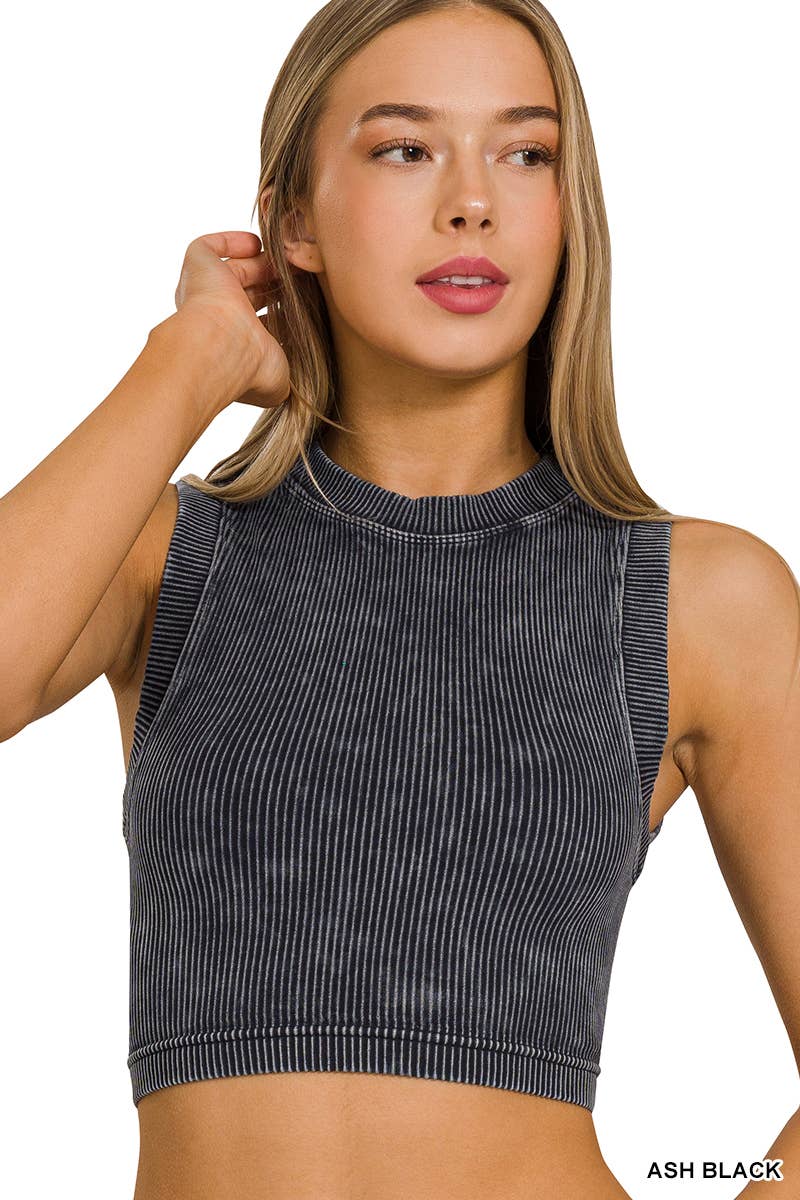 ',...Washed Ribbed Seamless High neck Crop Tank: BLACK-176748 / L/XL