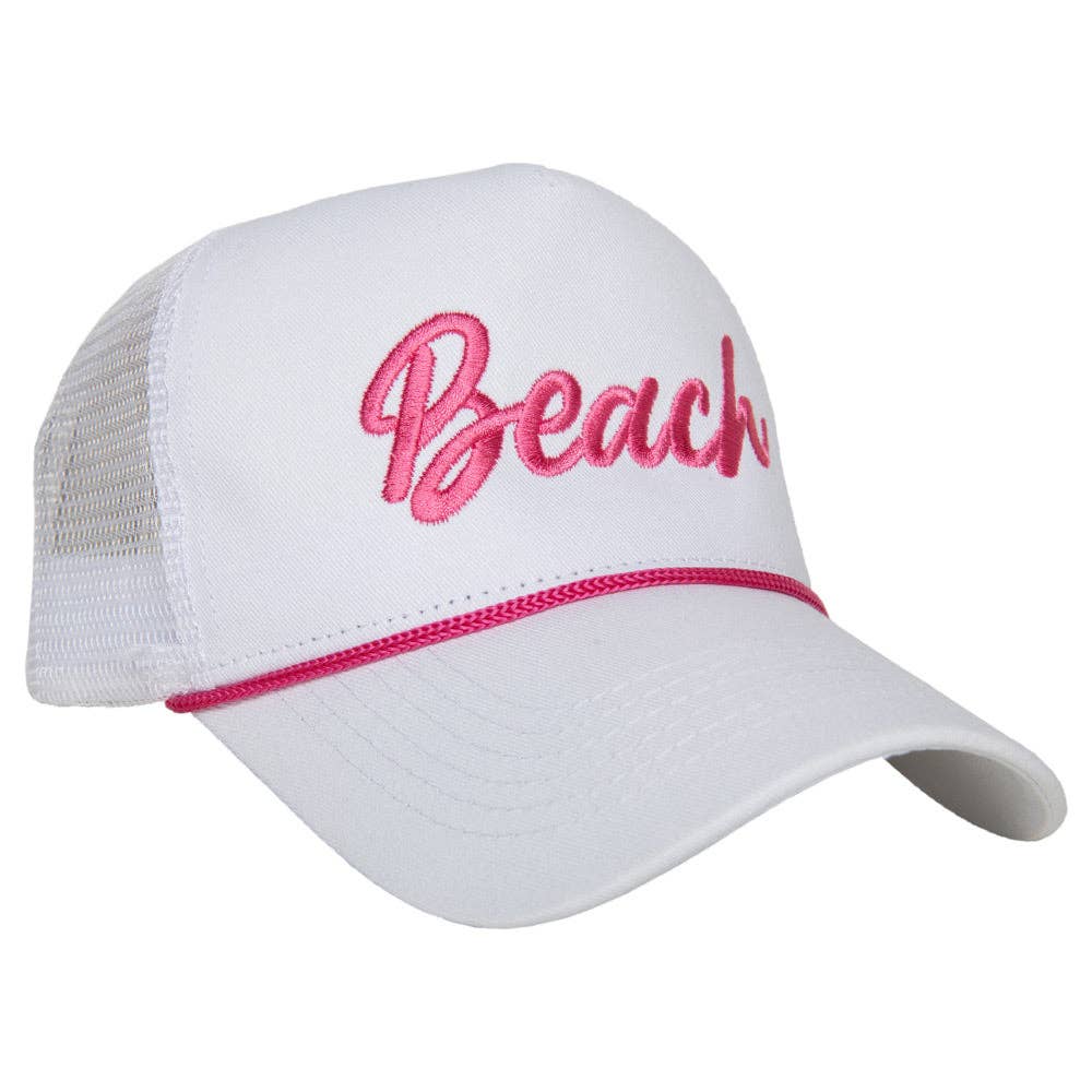 Beach Cursive Trucker Cap with Rope: White and Pink