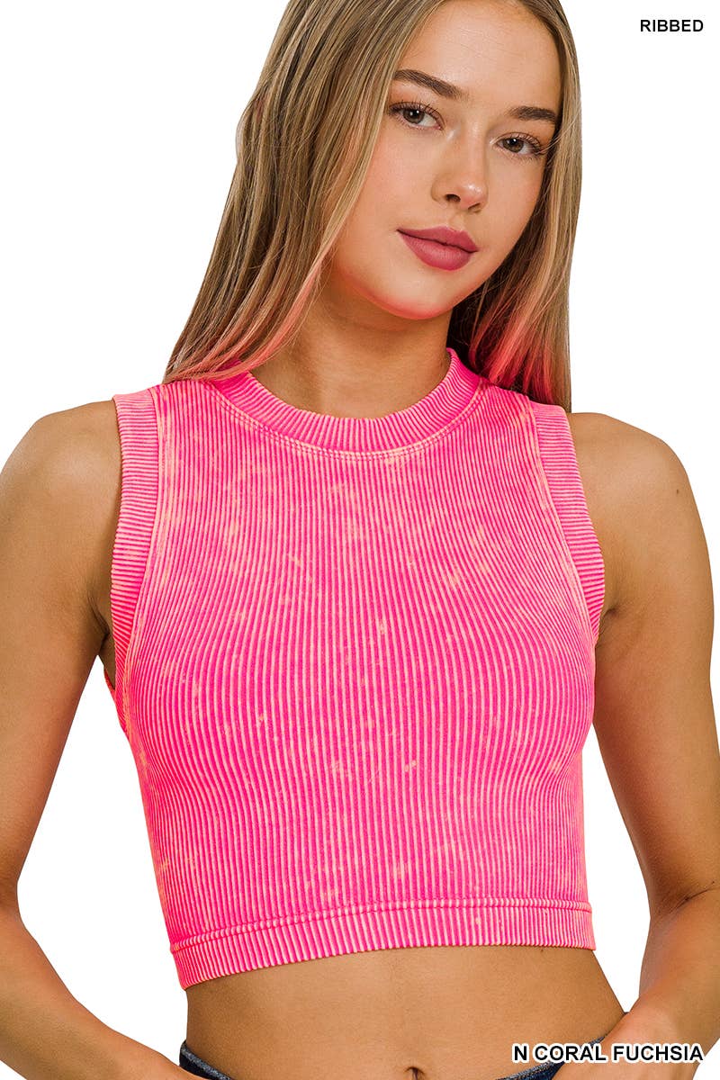 ',...Washed Ribbed Seamless High neck Crop Tank: BLACK-176748 / S/M
