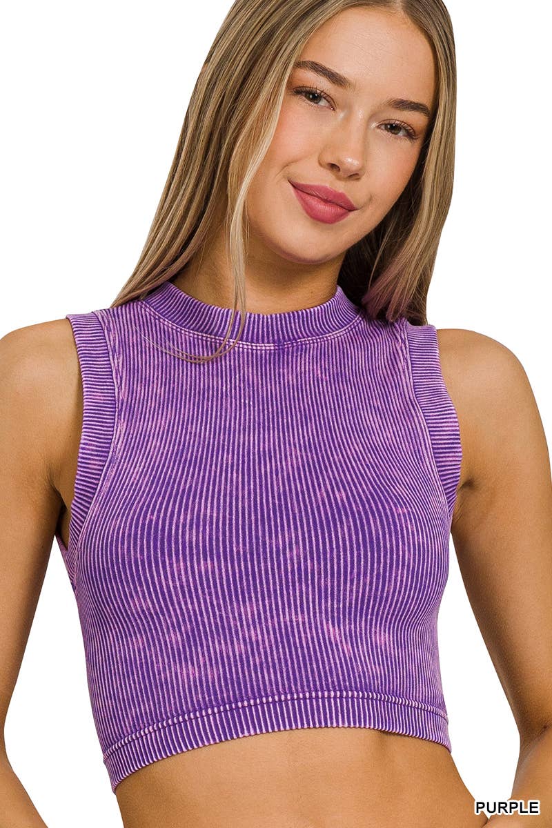 ',...Washed Ribbed Seamless High neck Crop Tank: BLACK-176748 / L/XL