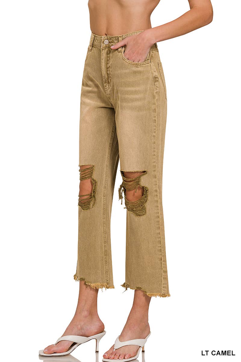 .0716 Washed Distressed Knee And Hem Cropped Pants SI-26254: LT CAMEL-167746 / 31