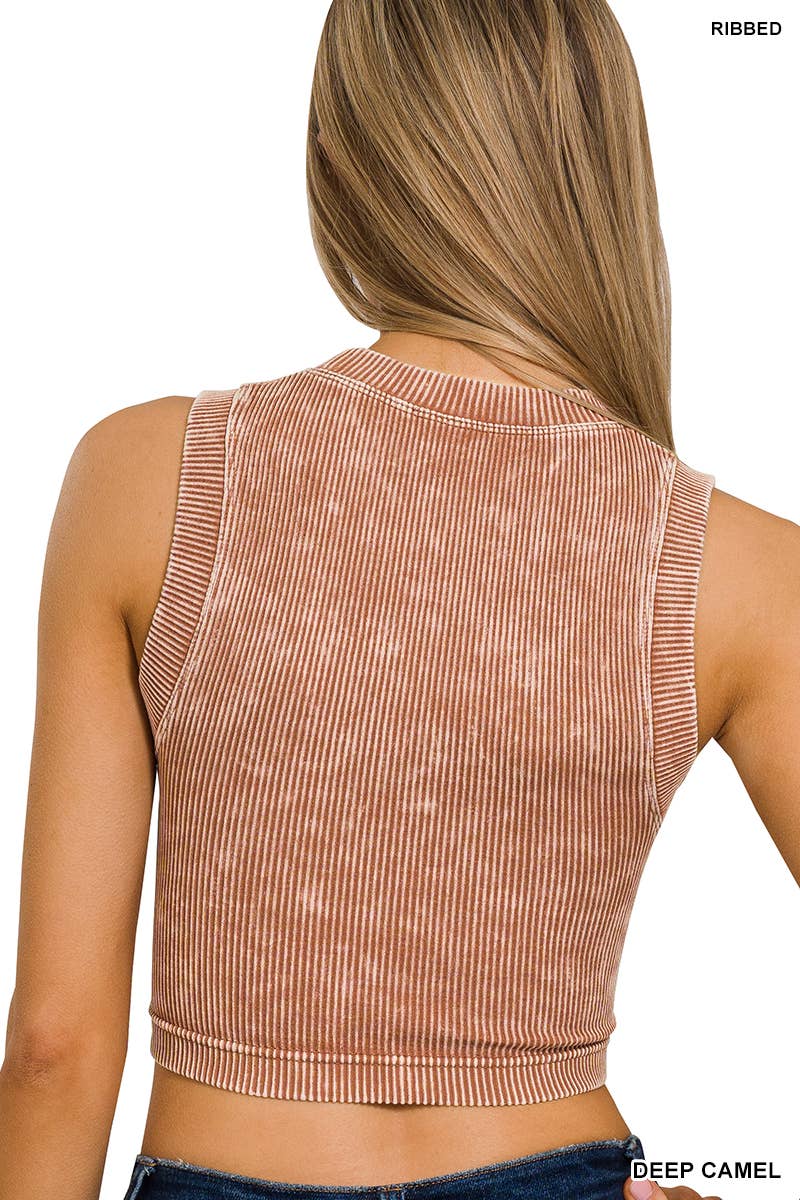 ',...Washed Ribbed Seamless High neck Crop Tank: BLACK-176748 / L/XL