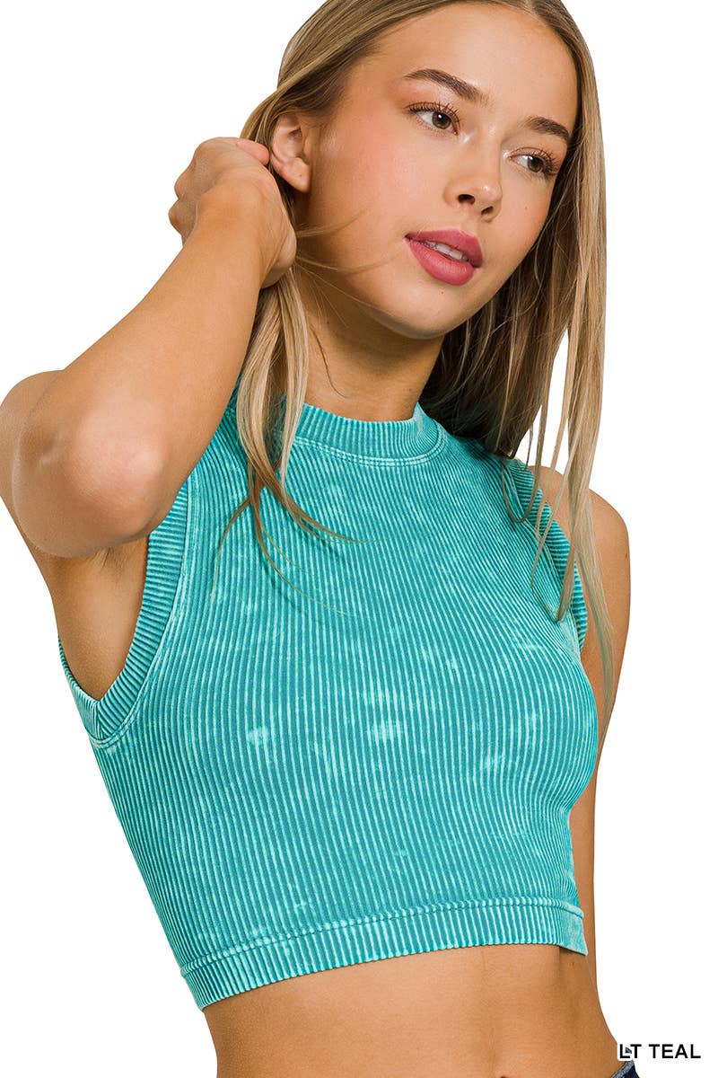 ',...Washed Ribbed Seamless High neck Crop Tank: BLACK-176748 / L/XL