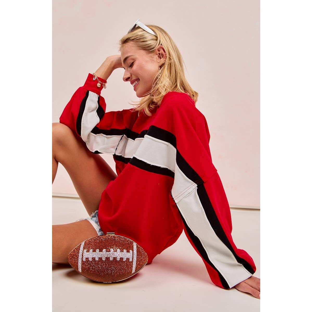 Gameday Theme French Terry Color Block Top: PURPLE/MUSTARD/IVORY / S-M-L-XL(2-2-2-2)