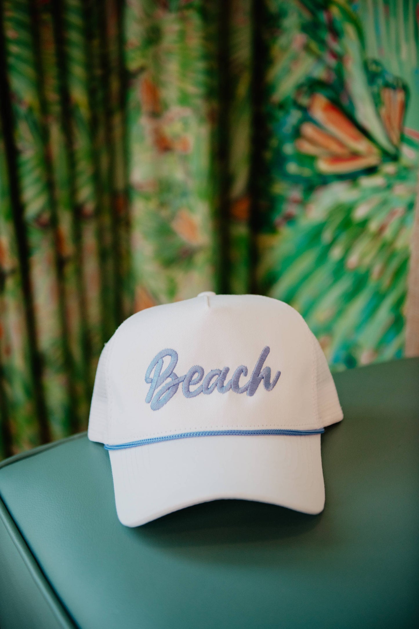 Beach Cursive Trucker Cap with Rope: White and Pink