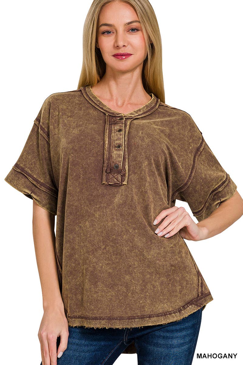 `".Washed Raw Edge Detailed Button Closure Top: DEEPCAMEL-168207 / M