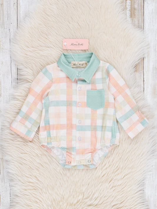 Peachy Mint Plaid Button-Up Bubble: 18/24MOS