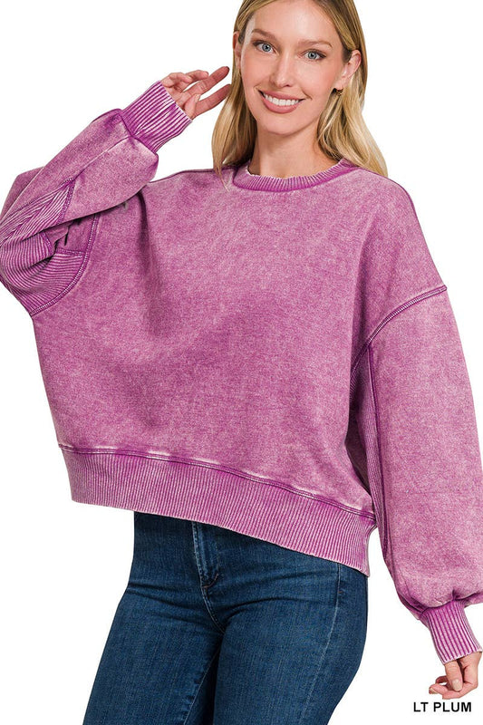 ,.0616 Acid Wash Fleece Oversized Pullover SI-25156: LT PLUM-160204 / S