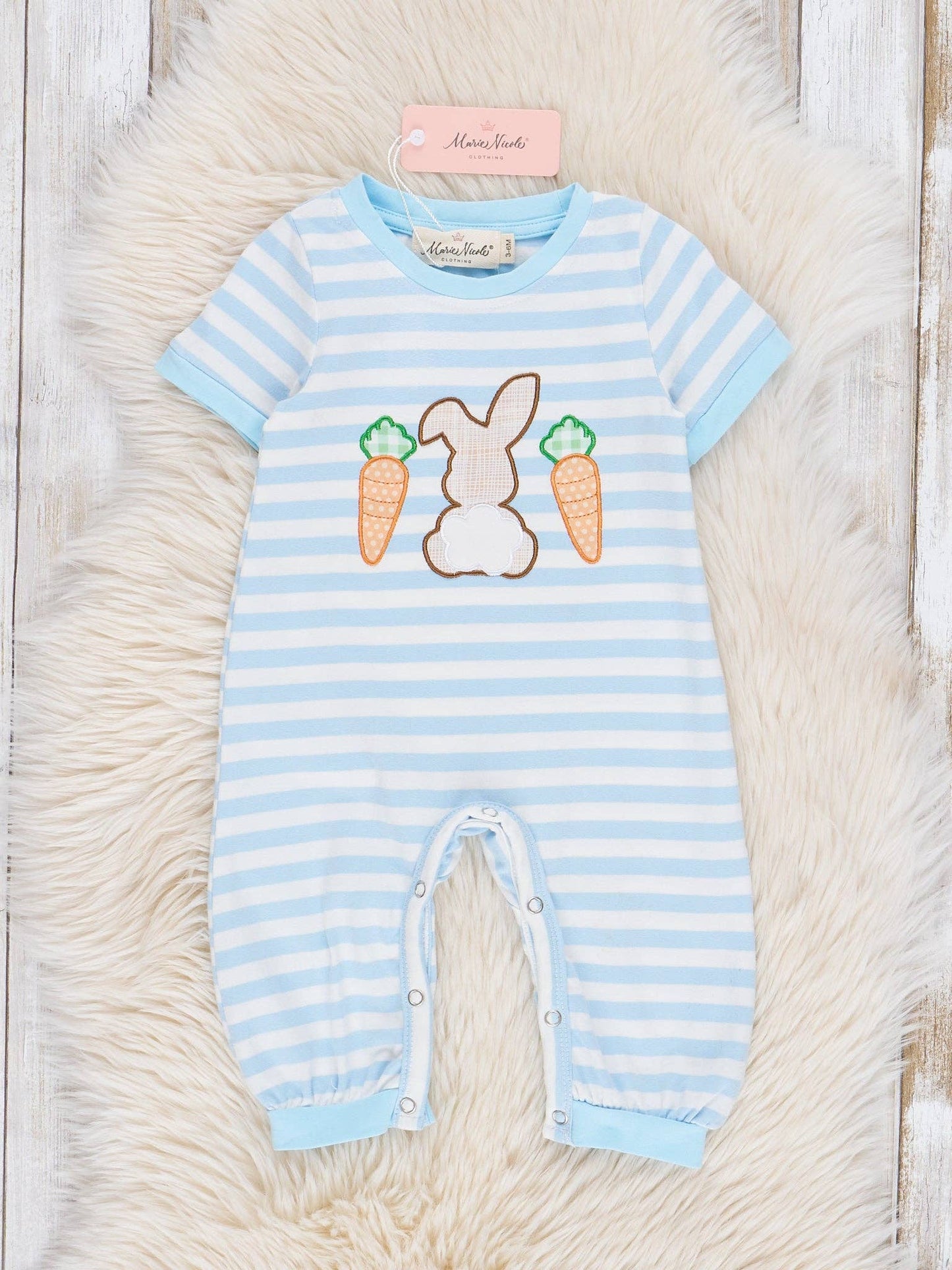 Striped Bunny & Carrots Blue Romper - Restocked!: 18/24MOS