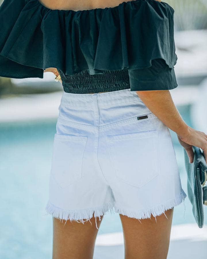 Solid color ripped raw hem shorts: White / (M) 1