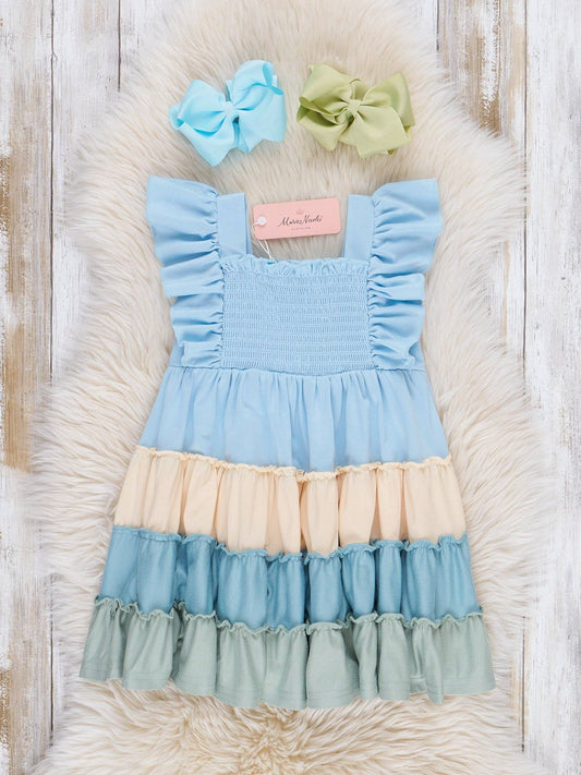 Tiered Color Blocked Blue Dress: XL(5yrs)