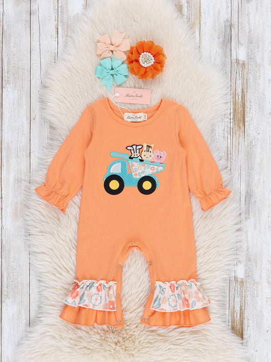 Embroidered Farm Animal Dump Truck Romper: 3/6MOS