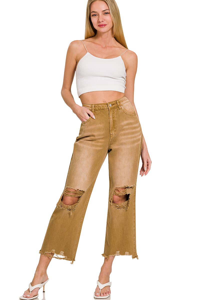 `.Washed Distressed Crop Pants Colored Jeans: RUST-167749 / 27