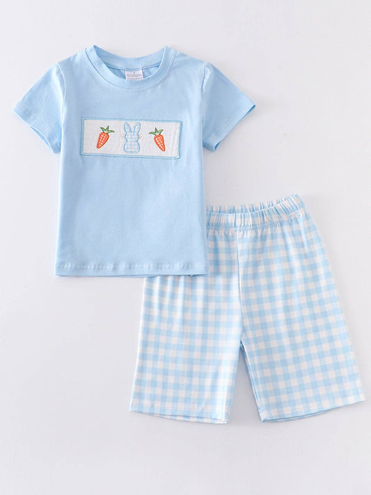 Blue Plaid Rabbit Applique Boy Set: 5