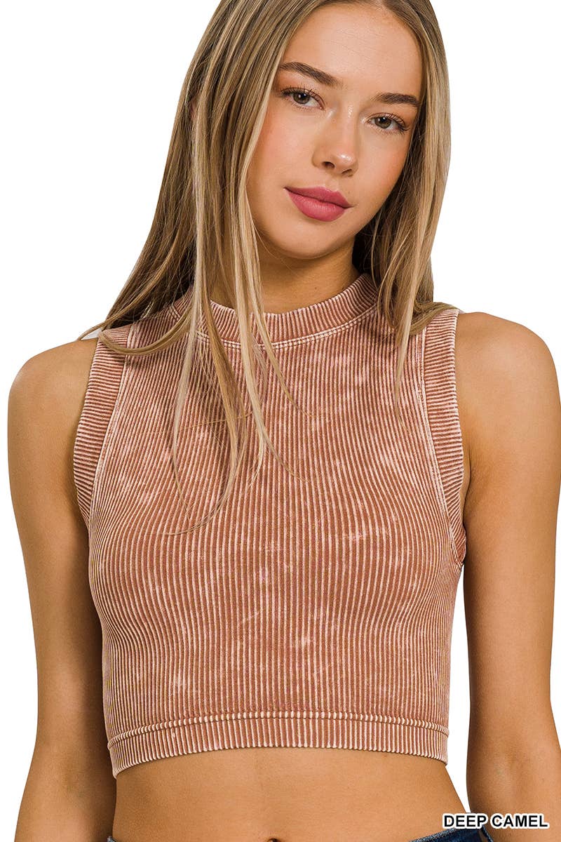 ',...Washed Ribbed Seamless High neck Crop Tank: N CORAL FUCHSIA-164276 / L/XL