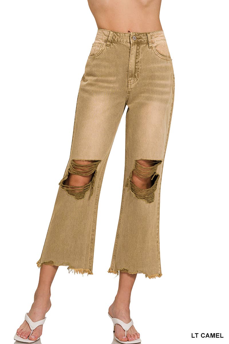 .0716 Washed Distressed Knee  And Hem Cropped Pants SI-26254: LT CAMEL-167746 / 30
