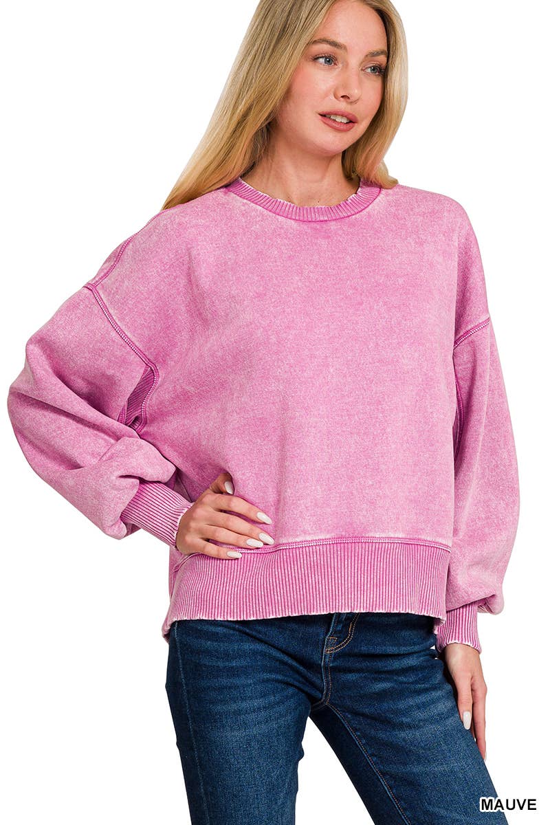 ,.0616 Acid Wash Fleece Oversized Pullover SI-25156: LT PLUM-160204 / M