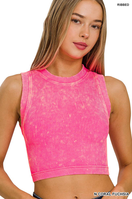 ',...Washed Ribbed Seamless High neck Crop Tank: N CORAL FUCHSIA-164276 / L/XL