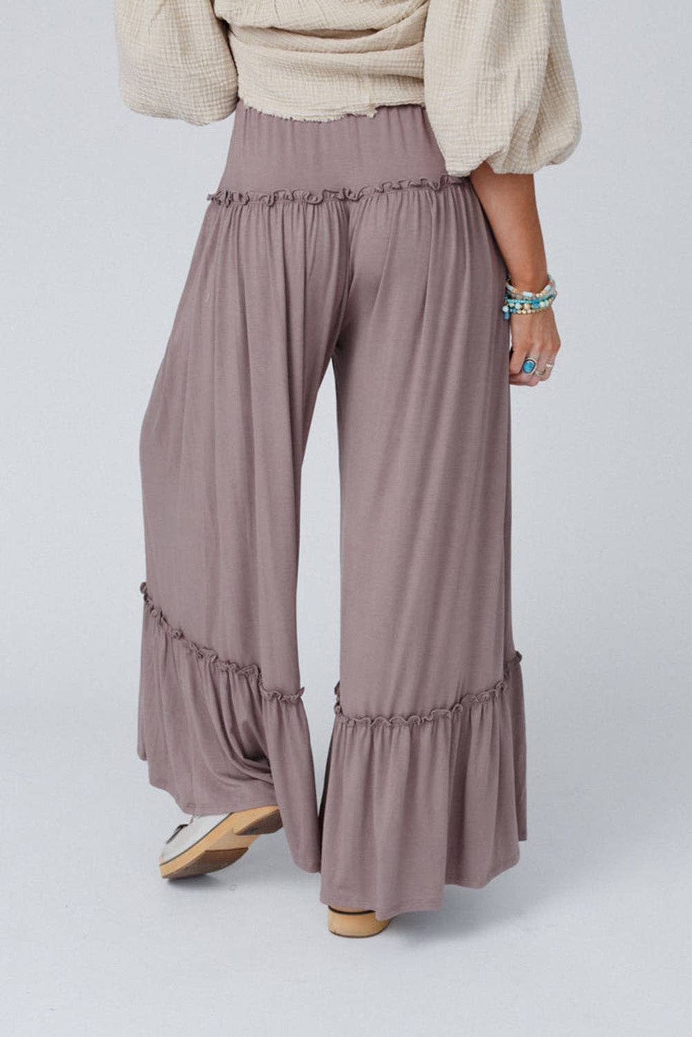 Frilled Wide Leg Pants: Khaki / XL