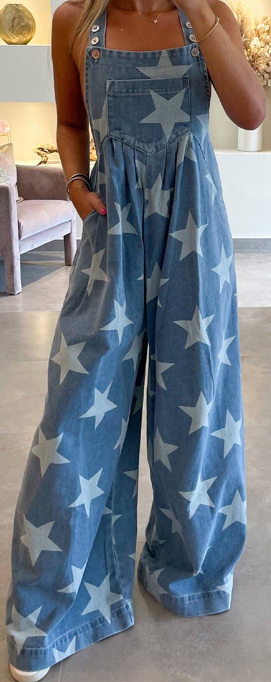 LIBERTY STAR Wide Leg Denim Overall: Blue / L