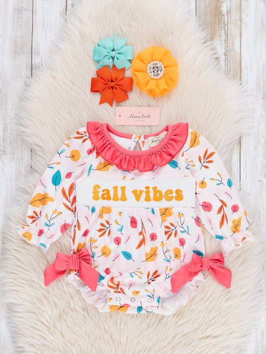 "Fall Vibes" Smocked Ruffle Leaves Bubble: 3/6MOS