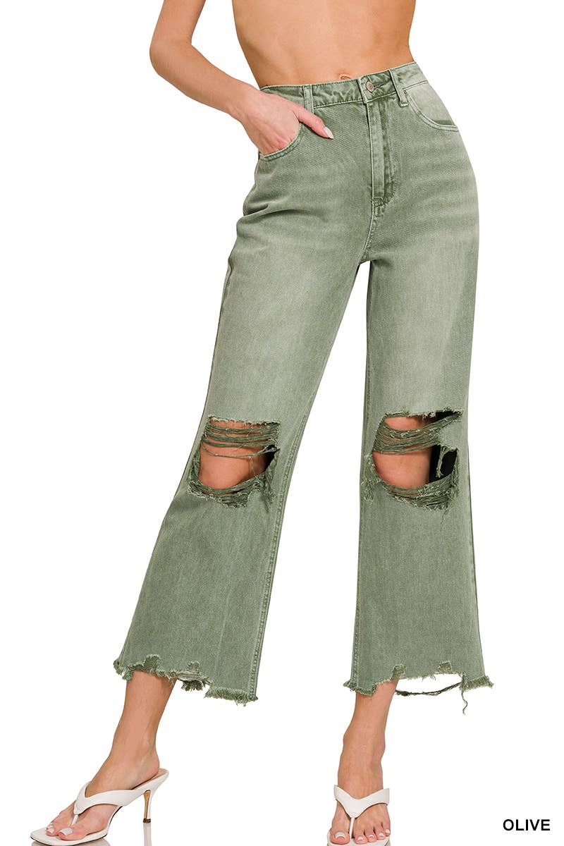 `.Washed Distressed Crop Pants Colored Jeans: RUST-167749 / 26