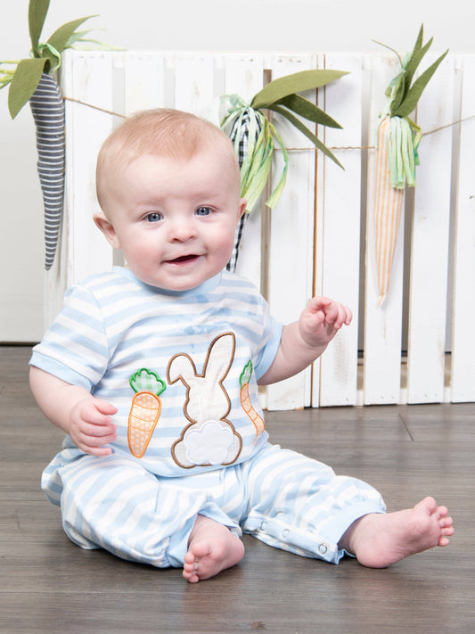 Striped Bunny & Carrots Blue Romper - Restocked!: 18/24MOS