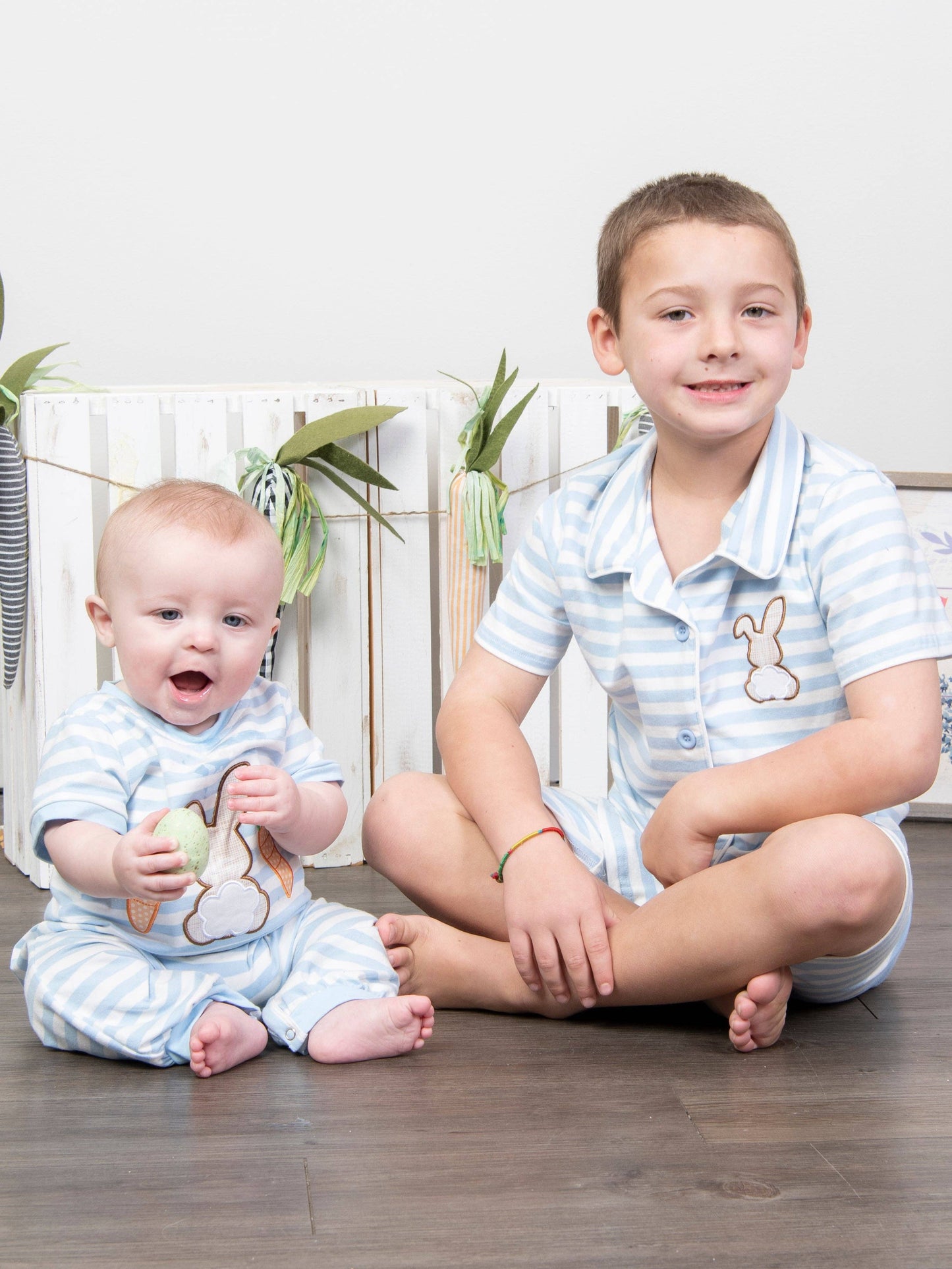 Striped Bunny & Carrots Blue Romper - Restocked!: 18/24MOS