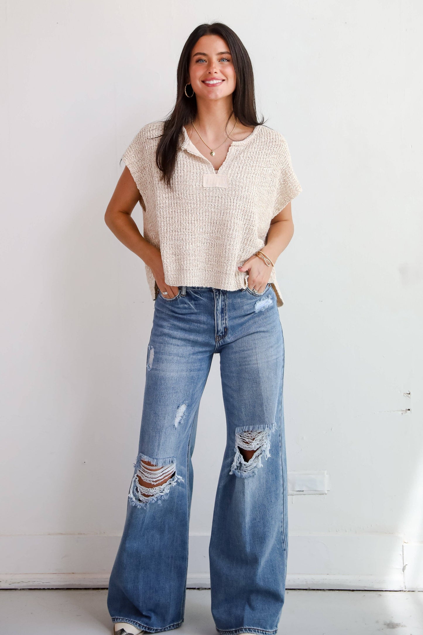 Lennon Medium Wash Distressed Wide Leg Jeans: Medium Wash / 5