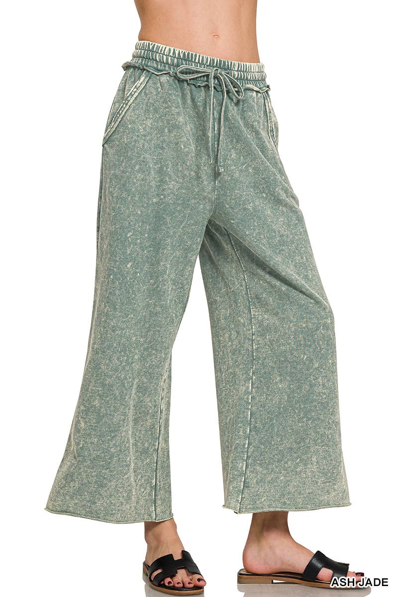 `.Acid wash French terry Pants w/ pockets: LT OLIVE-180176 / S
