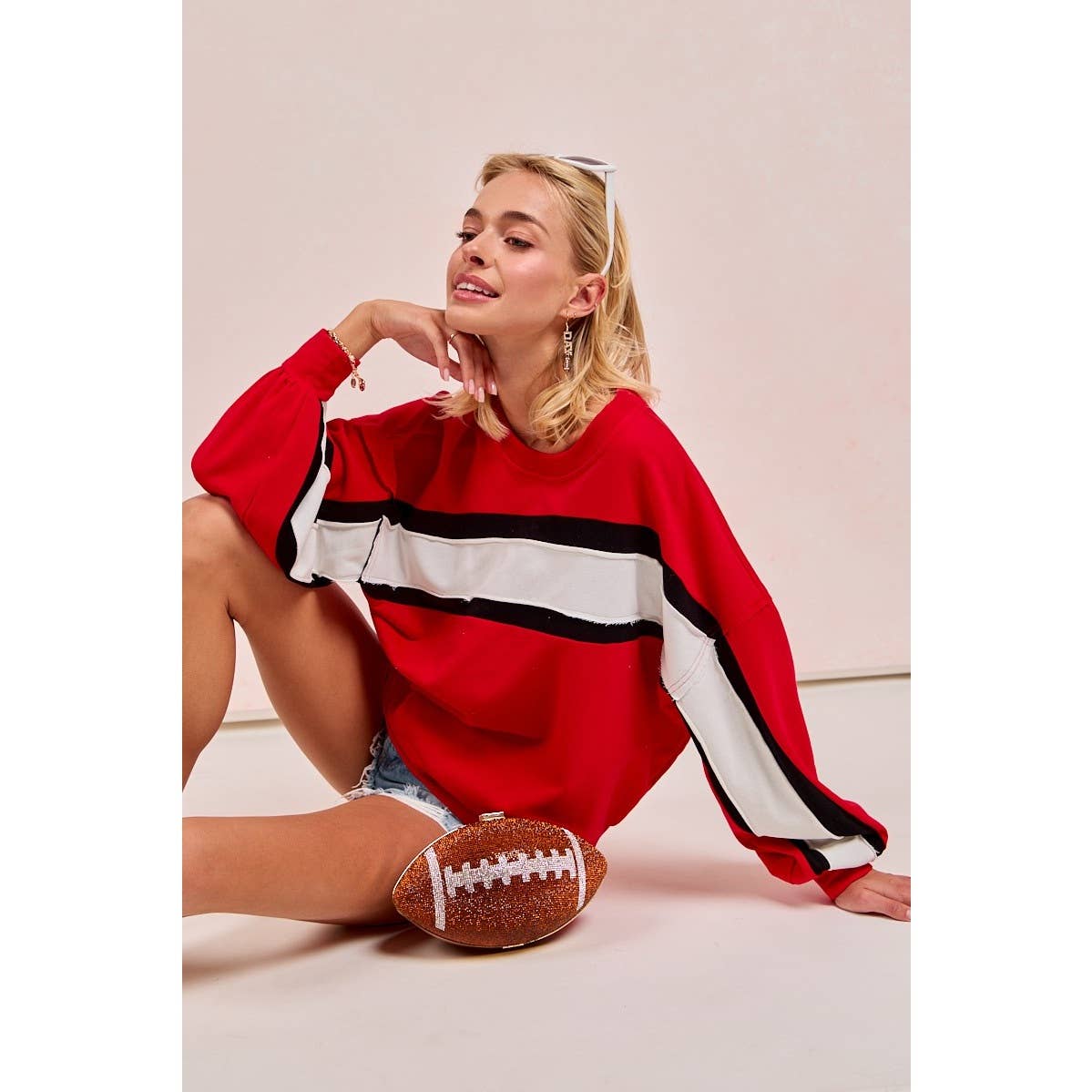 Gameday Theme French Terry Color Block Top: PURPLE/MUSTARD/IVORY / S-M-L-XL(2-2-2-2)