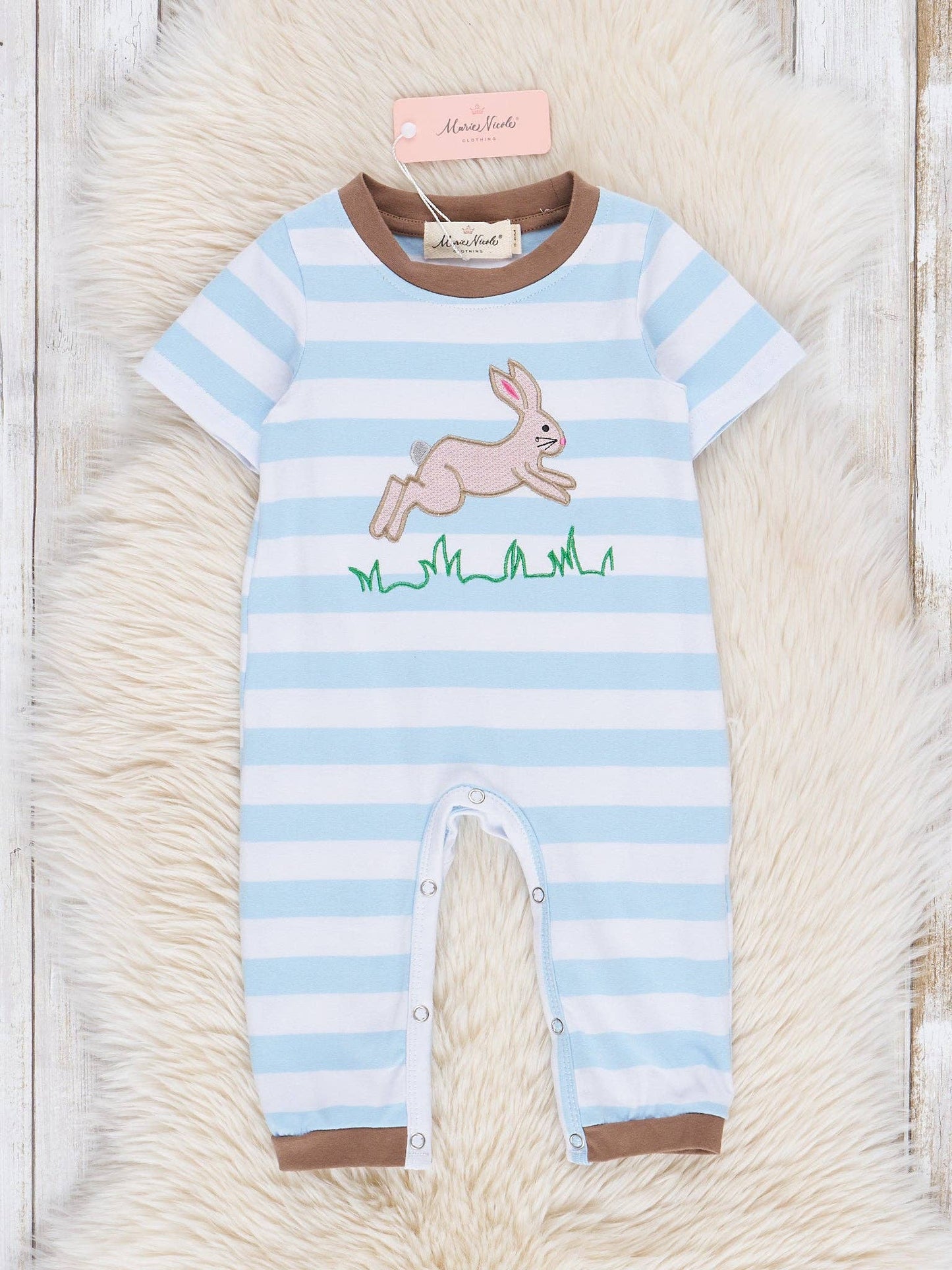 Blue Bunny Hop Striped Romper: 18/24MOS