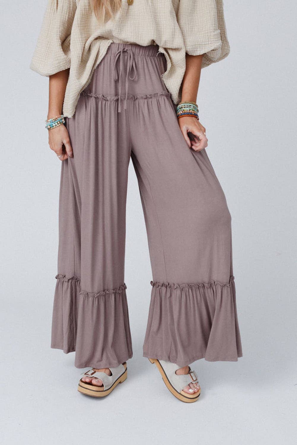 Frilled Wide Leg Pants: Khaki / XL