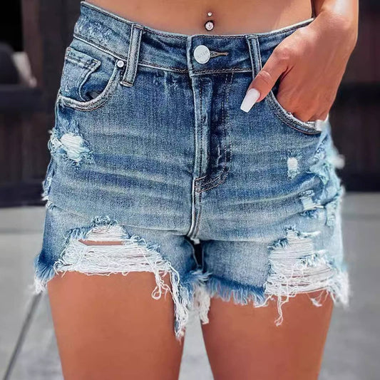 Ripped high-waisted denim shorts: Blue / (S) 1