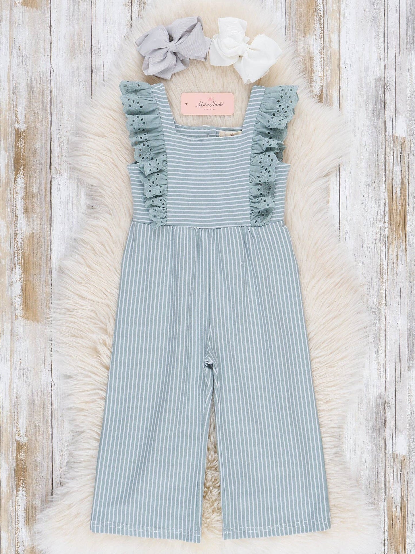 Blue Striped Eyelet Ruffle Jumpsuit: XXXS(6/12mos)