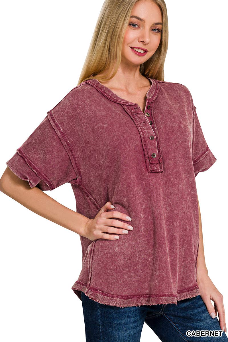 `".Washed Raw Edge Detailed Button Closure Top: DEEPCAMEL-168207 / L