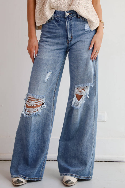 Lennon Medium Wash Distressed Wide Leg Jeans: Medium Wash / 7