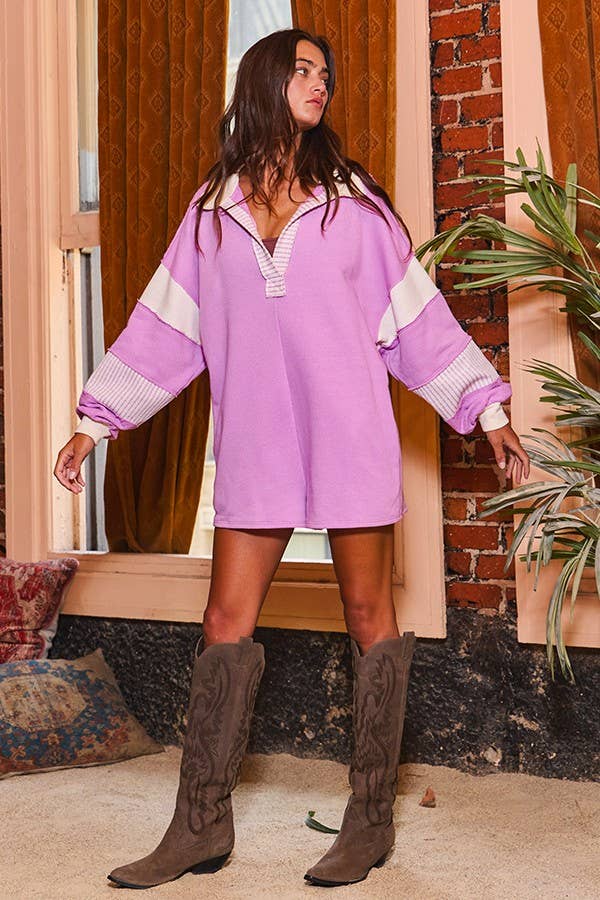 R5507 French Terry Color-block Collared Loose Fit Romper: Lavender/Cream / S-M-L (2-2-2)