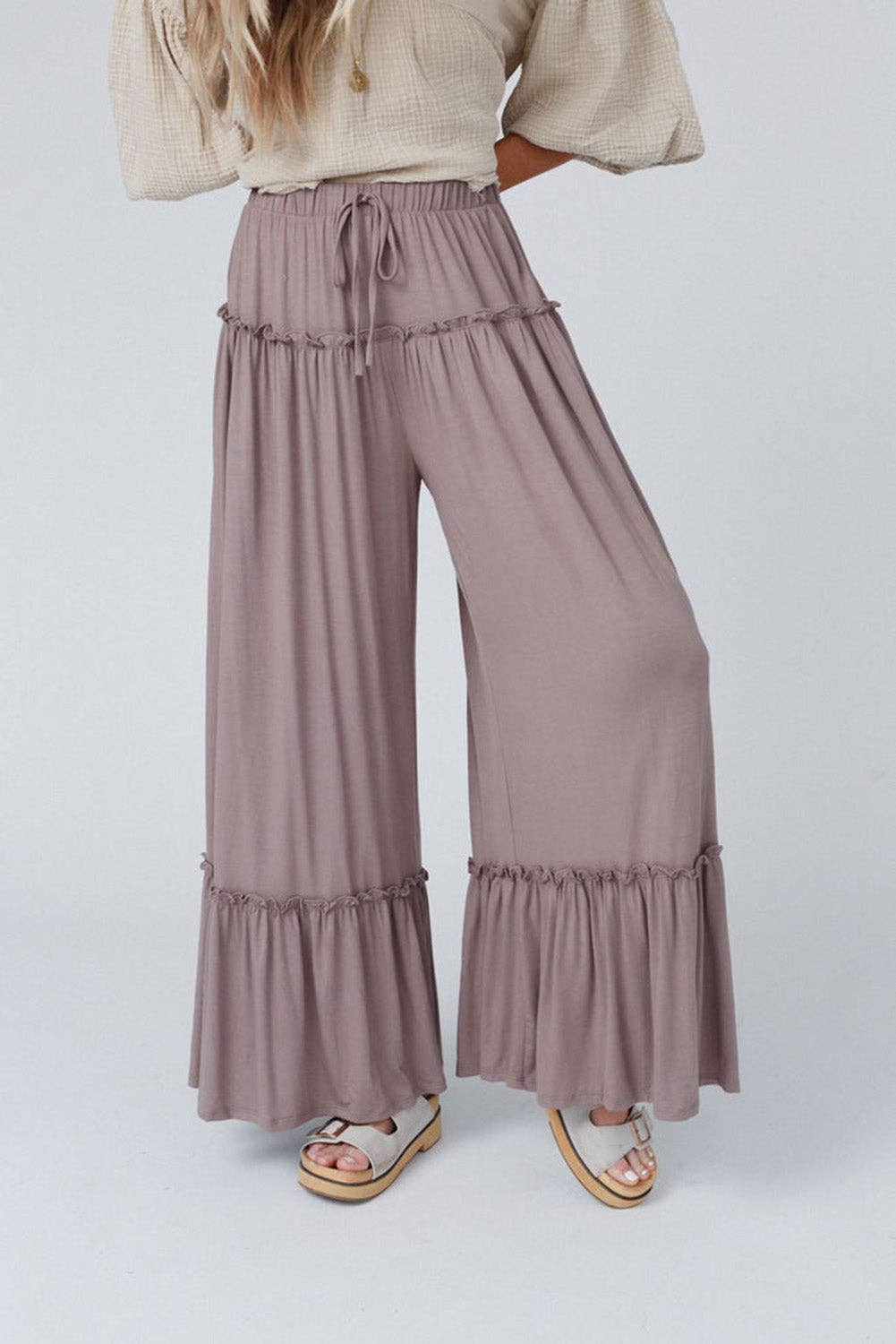 Frilled Wide Leg Pants: Khaki / XL