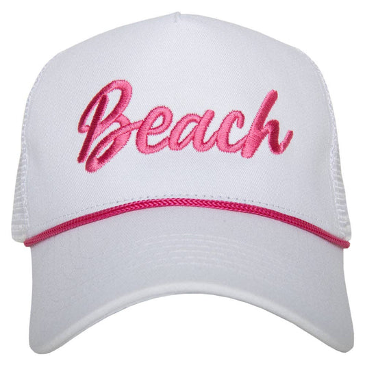 Beach Cursive Trucker Cap with Rope: White and Pink
