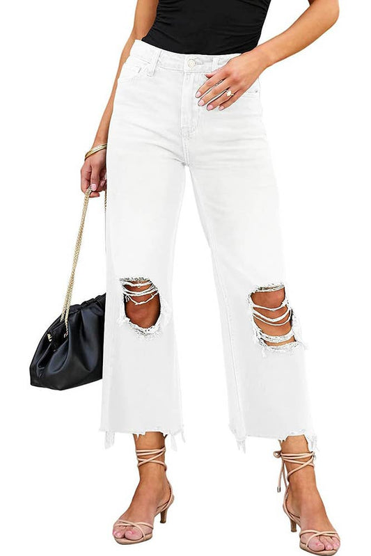 High Waist Ripped Denim Jeans ZK1101: White / L