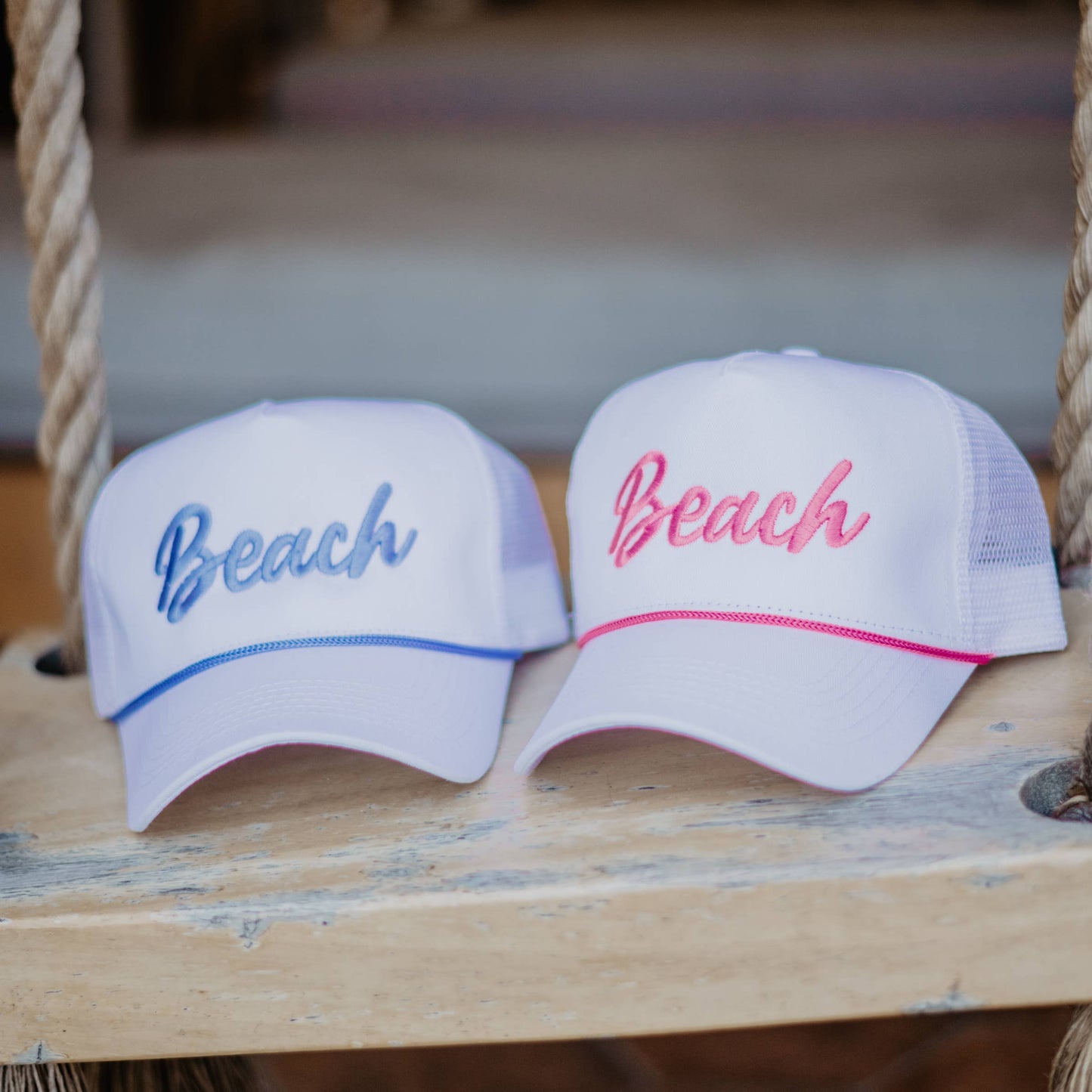 Beach Cursive Trucker Cap with Rope: White and Pink