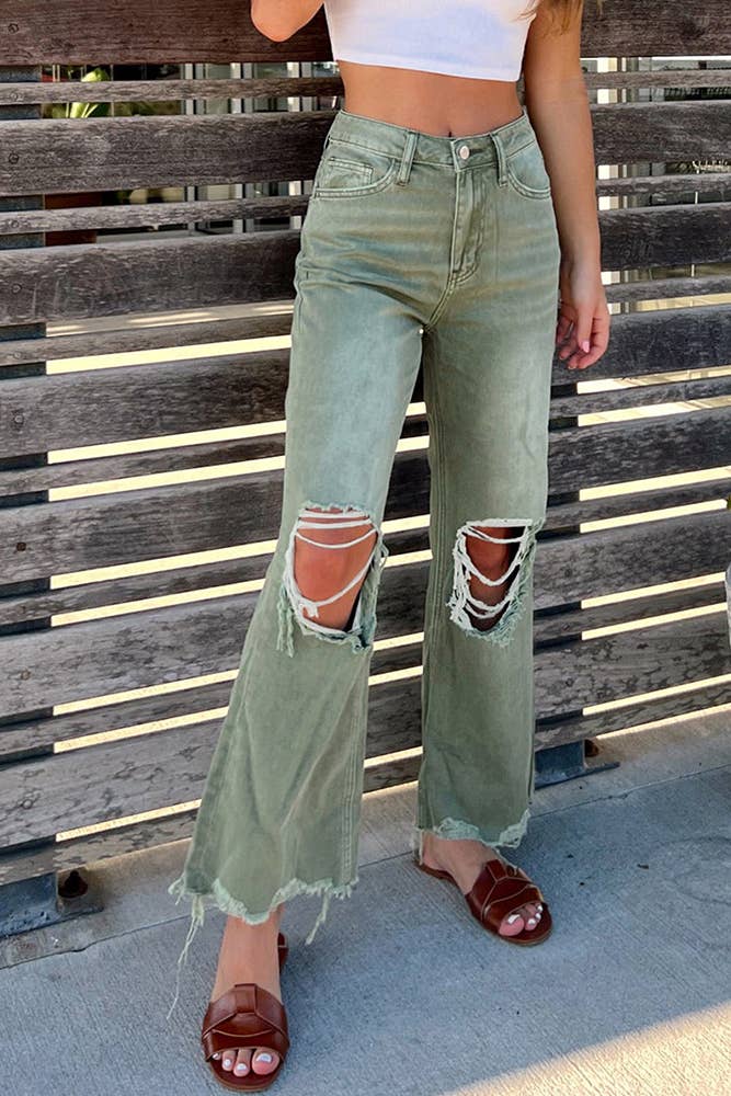 High Waist Ripped Denim Jeans ZK1101: Green / L