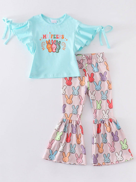 Mint Rabbit Print Bell Pants Set: 4