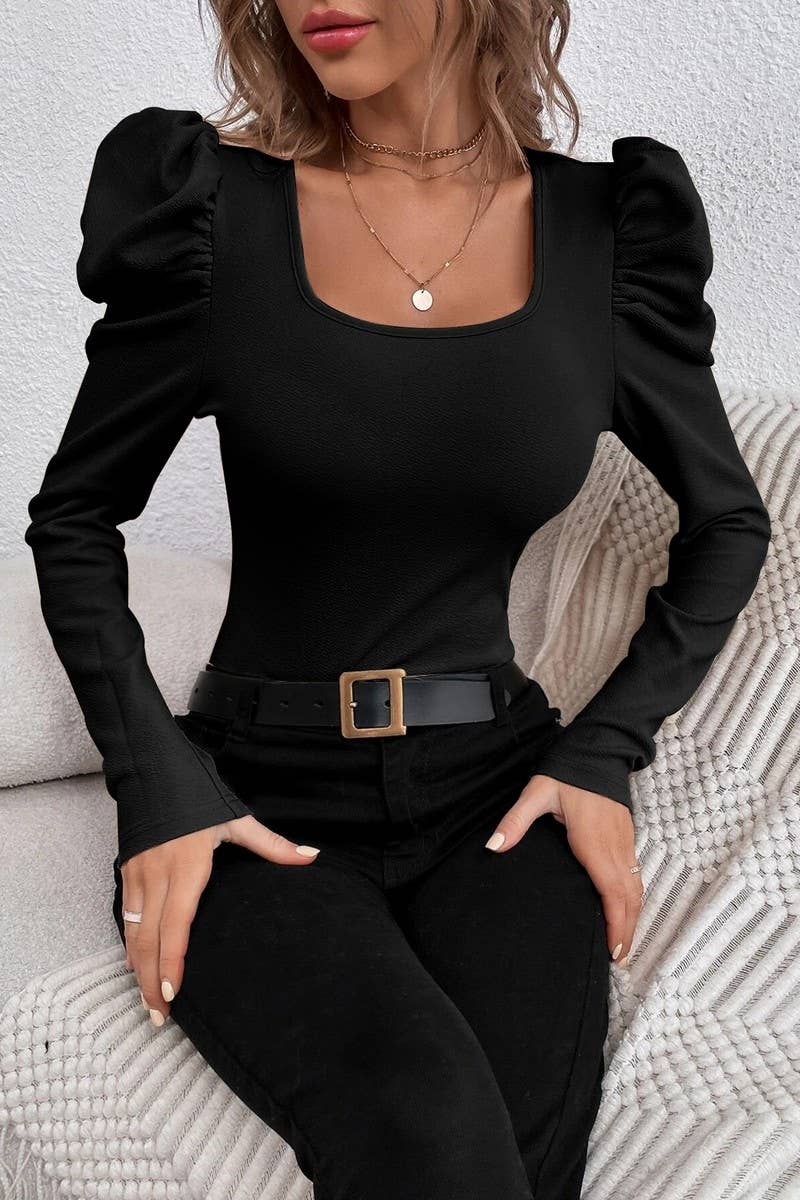 STYLISH SQUARE NECK SLIM KNIT LONG SLEEVED SHIRT_CWTSTL1096: BLACK / (L) 1