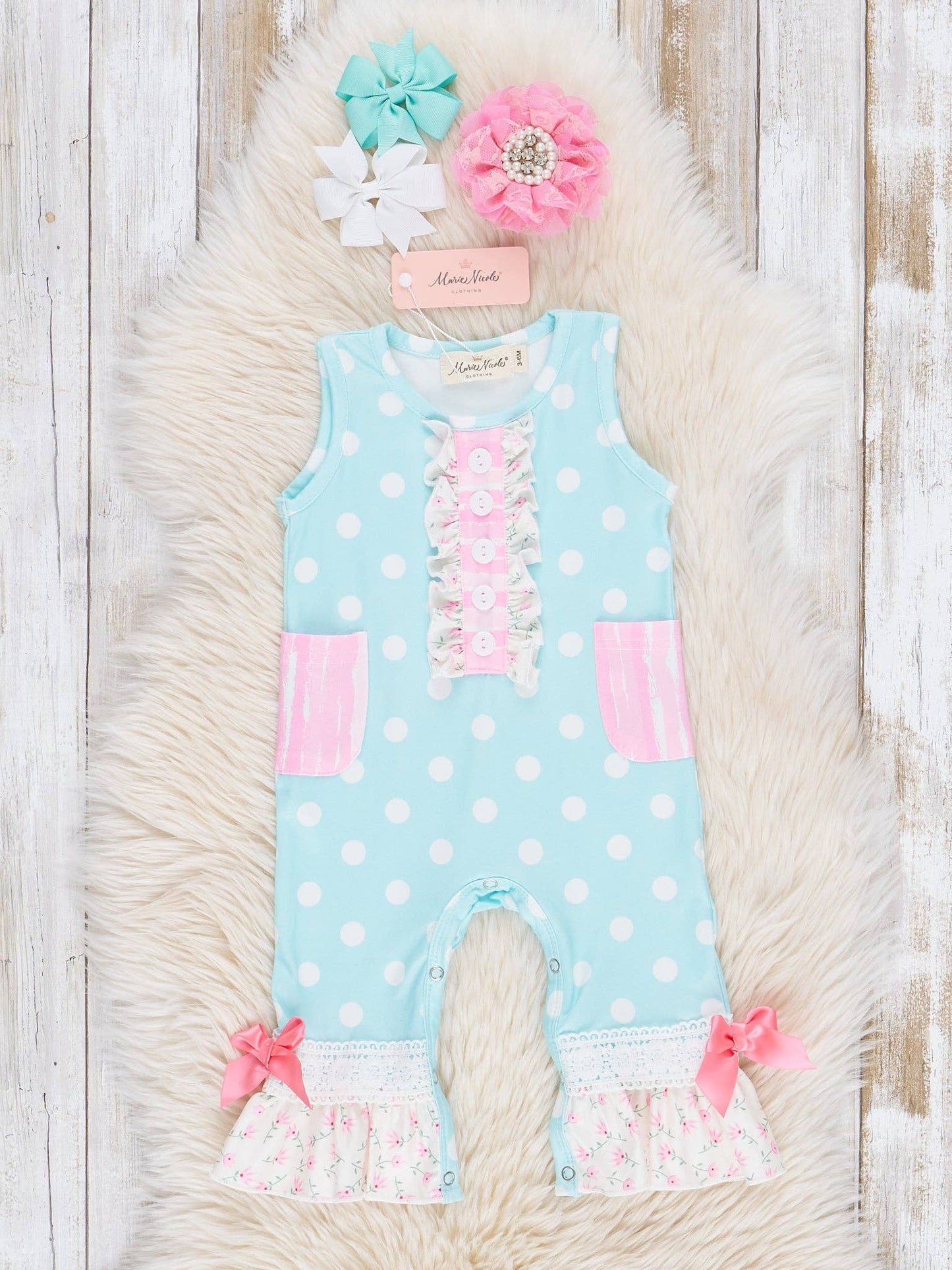 Sky Blue Polka Dot Ruffle Romper - Restocked!: 3/6MOS