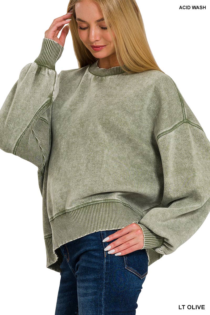 ,.0616 Acid Wash Fleece Oversized Pullover SI-25156: LT PLUM-160204 / L