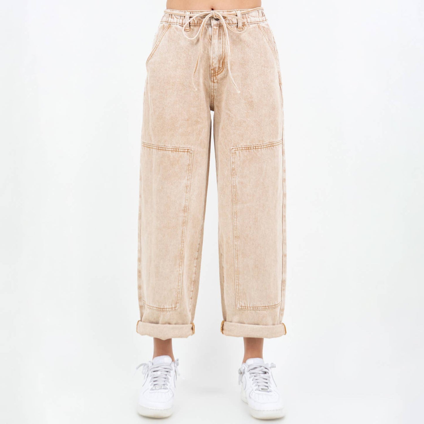 COLOR WASHED BARREL FIT PANTS-RJH21162: TAN WASH / Junior / M